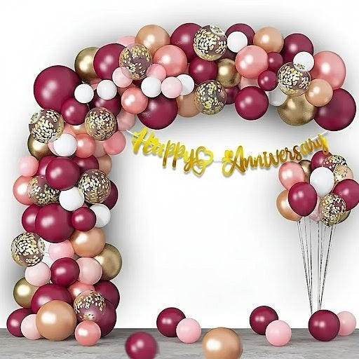 Premium Event Decoration Service: Burgundy & Gold Balloon Arch Installation
