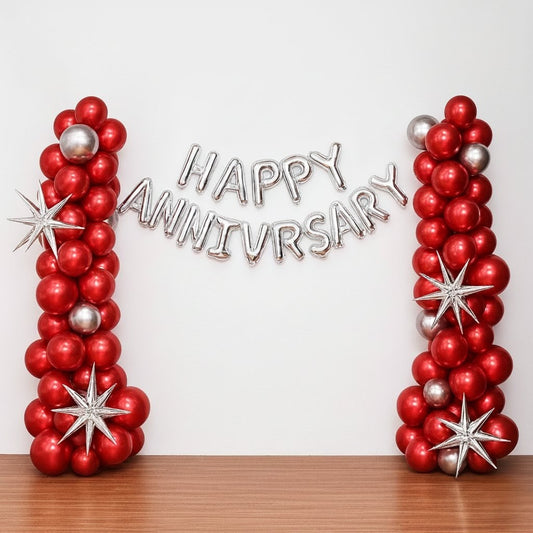 Crimson Glow Anniversary Balloon Decoration – Red & Silver Theme