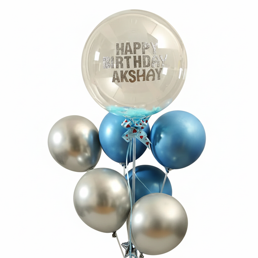 Personalized Blue & Silver Chrome Balloon Bouquet for him