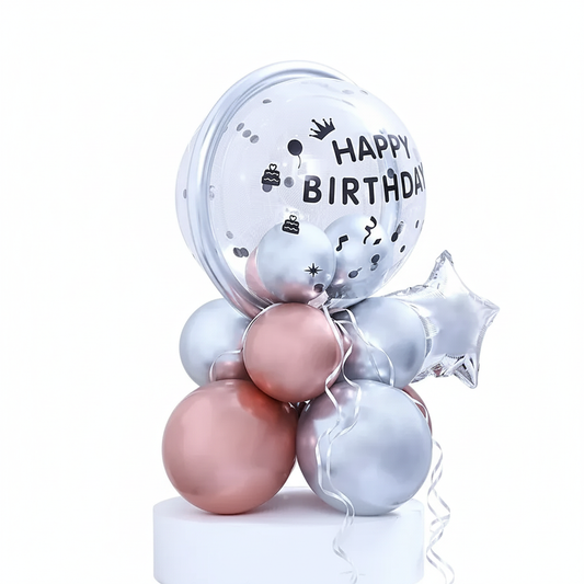 Premium Chrome & Rose Gold Birthday Balloon Bouquet | Ready-to-Display Mini Column