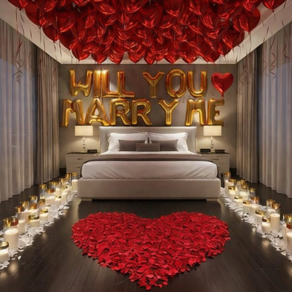 "Will You Marry Me" Premium Proposal Decoration Service – Gold & Red Theme