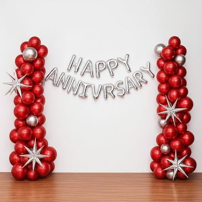 Crimson Glow Anniversary Balloon Decoration – Red & Silver Theme