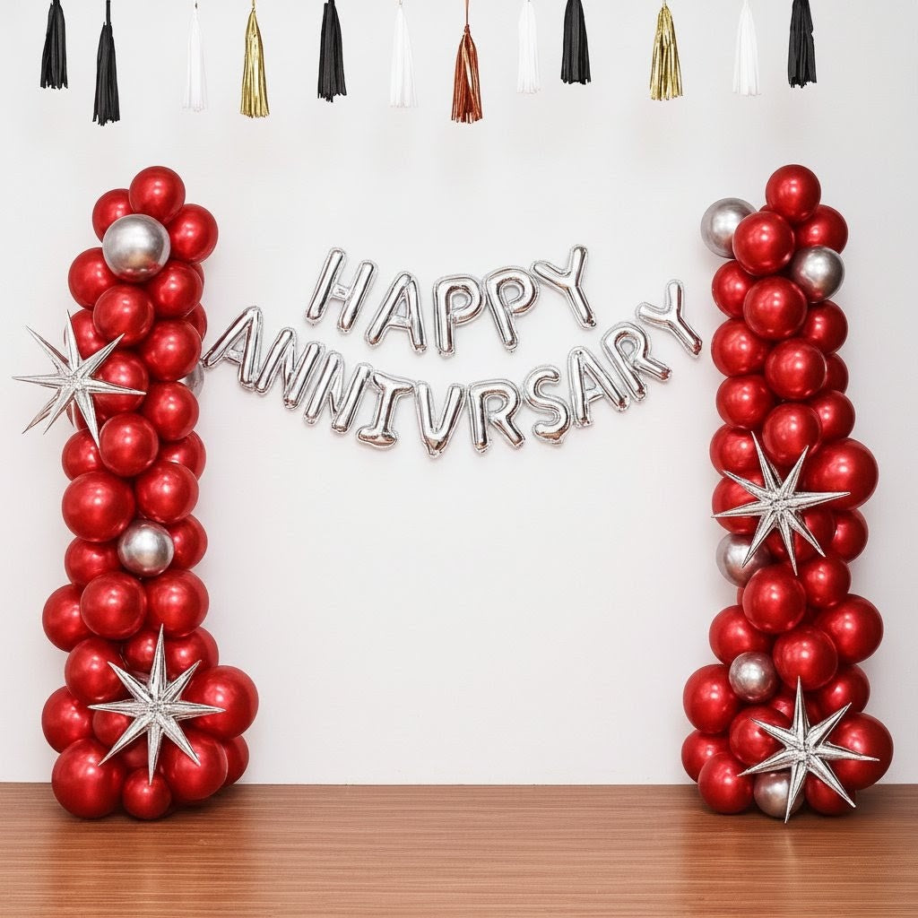 Crimson Glow Anniversary Balloon Decoration – Red & Silver Theme