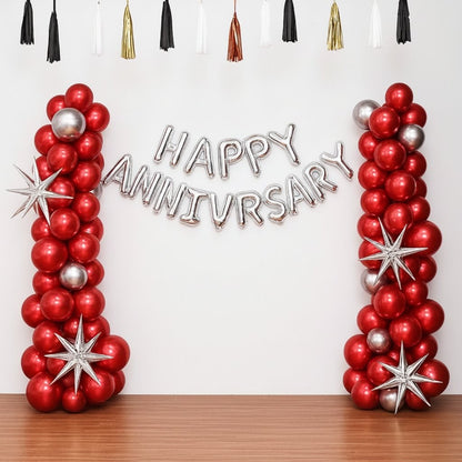 Crimson Glow Anniversary Balloon Decoration – Red & Silver Theme