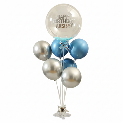 Personalized Blue & Silver Chrome Balloon Bouquet for him