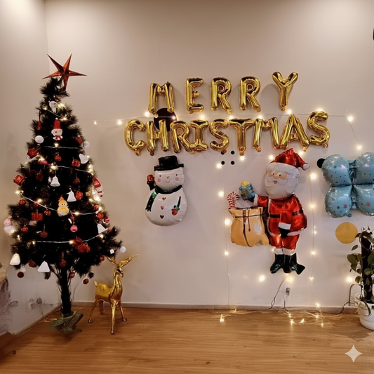 Premium Christmas Corner Decoration: Gold Foil 'Merry Christmas' Balloon Setup & Tree