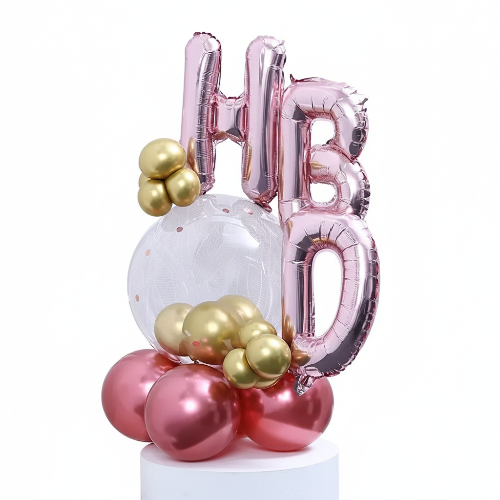 Chic Rose Gold & Gold "HBD" Birthday Balloon Bouquet