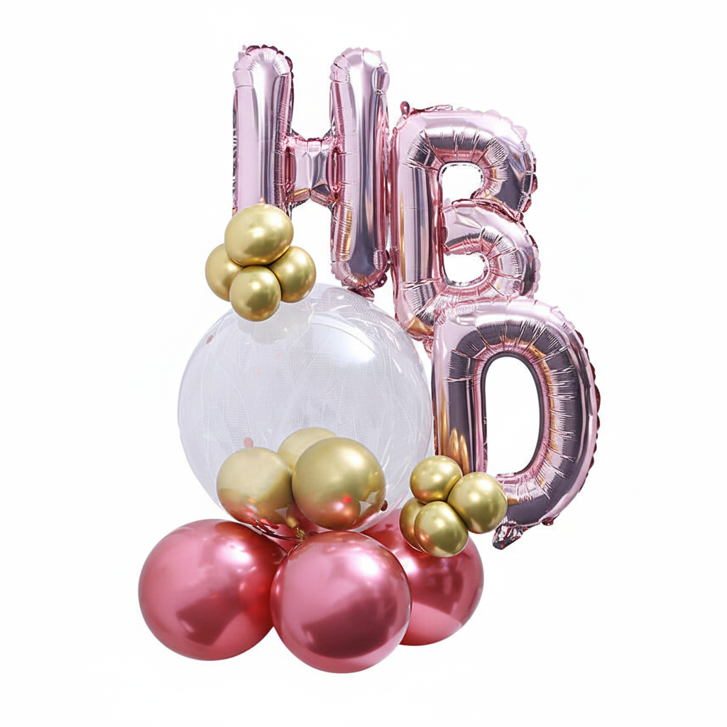 Chic Rose Gold & Gold "HBD" Birthday Balloon Bouquet
