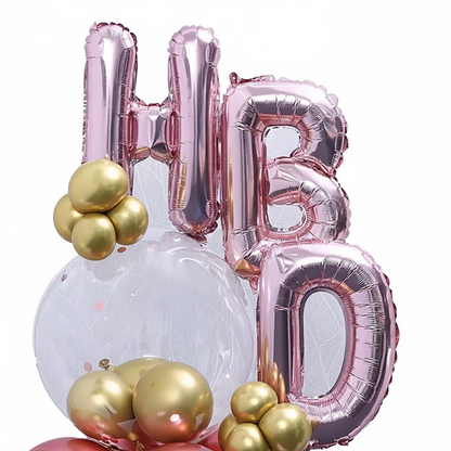 Chic Rose Gold & Gold "HBD" Birthday Balloon Bouquet