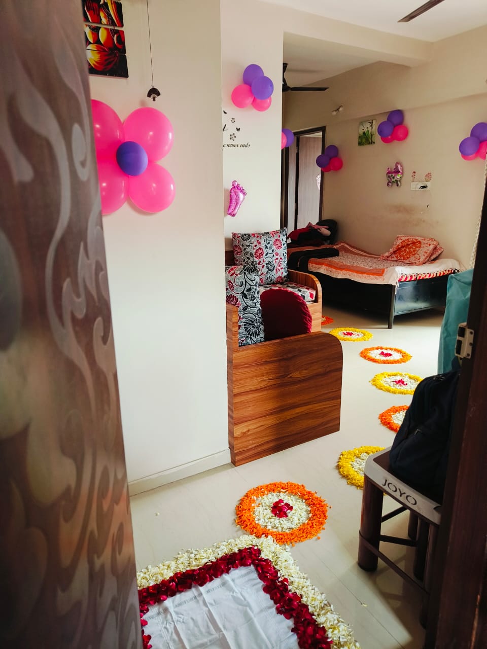 Newborn Baby Girl Welcome Home Decoration - Premium Pink & Purple Balloon & Floral Theme (Pune Only)