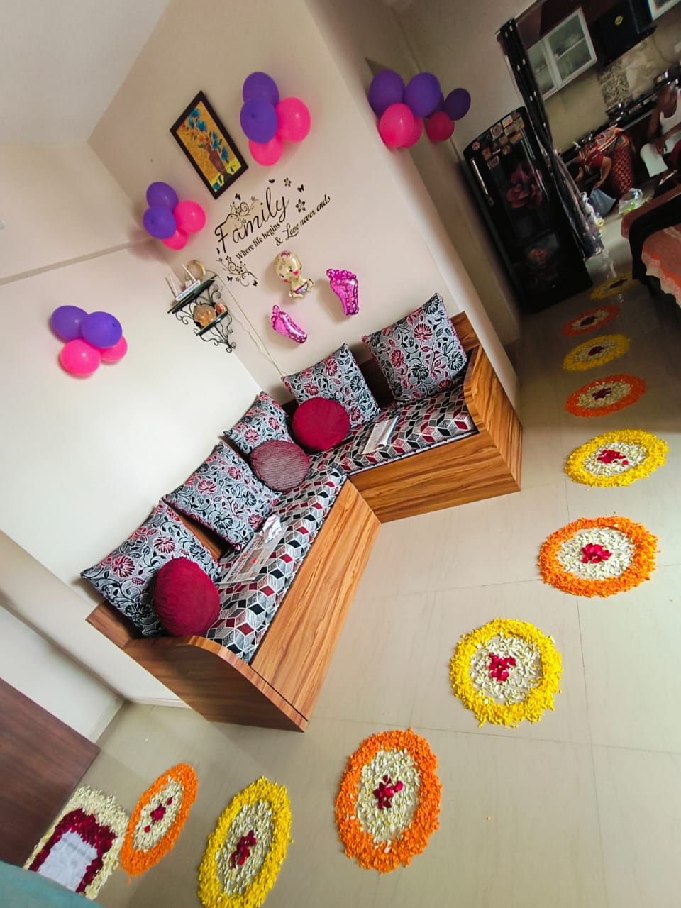 Newborn Baby Girl Welcome Home Decoration - Premium Pink & Purple Balloon & Floral Theme (Pune Only)