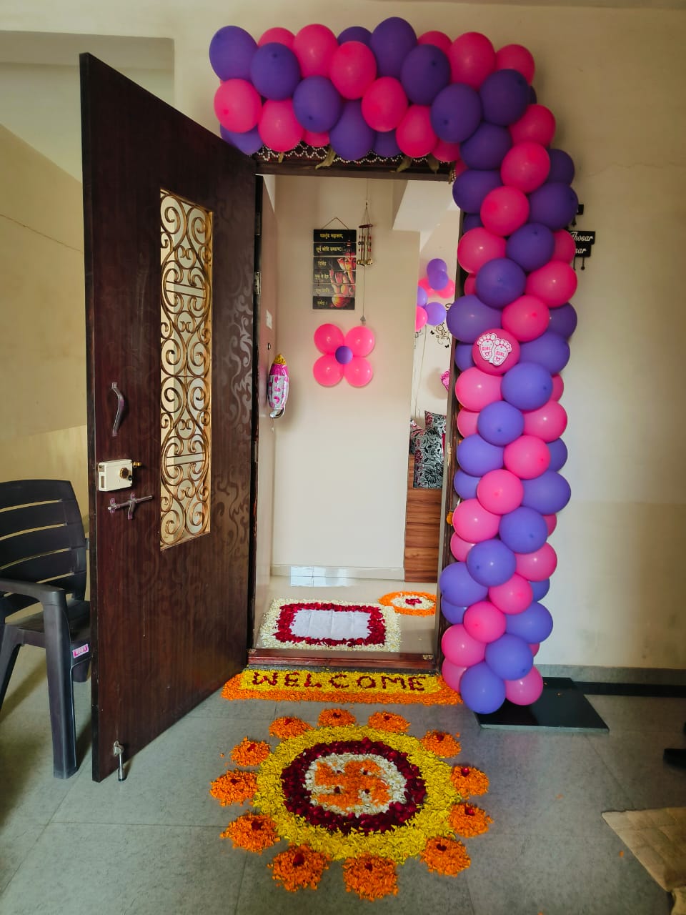 Newborn Baby Girl Welcome Home Decoration - Premium Pink & Purple Balloon & Floral Theme (Pune Only)