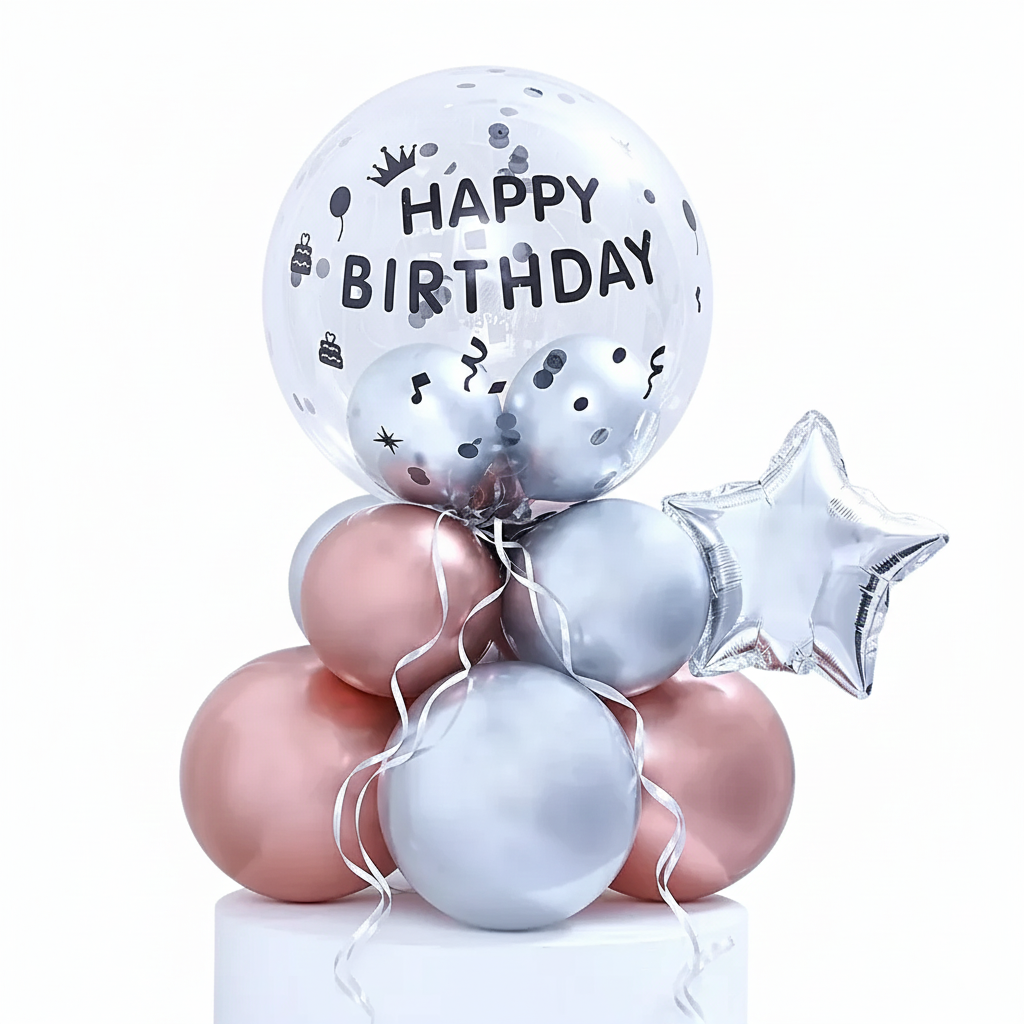 Premium Chrome & Rose Gold Birthday Balloon Bouquet | Ready-to-Display Mini Column