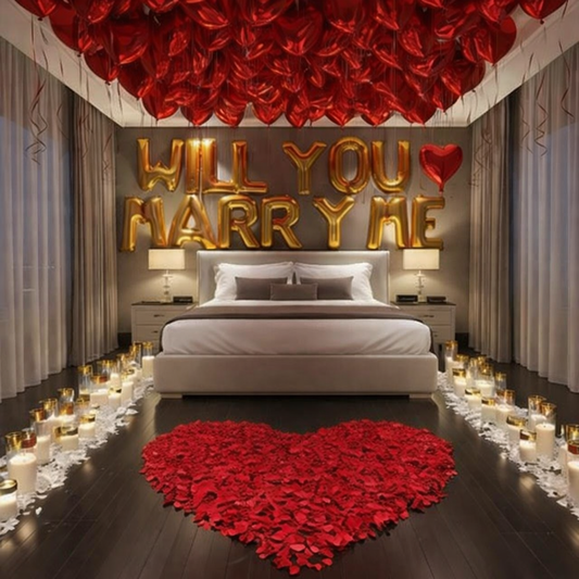 "Will You Marry Me" Premium Proposal Decoration Service – Gold & Red Theme